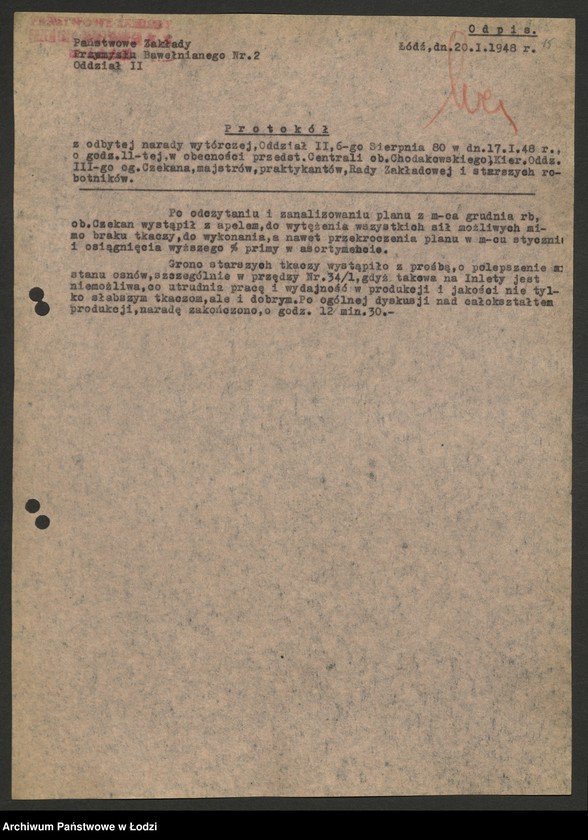 Obraz 16 z jednostki "Państwowe Zakłady Przemysłu Bawełnianego nr 2; protokoły z narad technicznych, raporty dzienne z wykonania produkcji, [meldunki o zarobkach]"