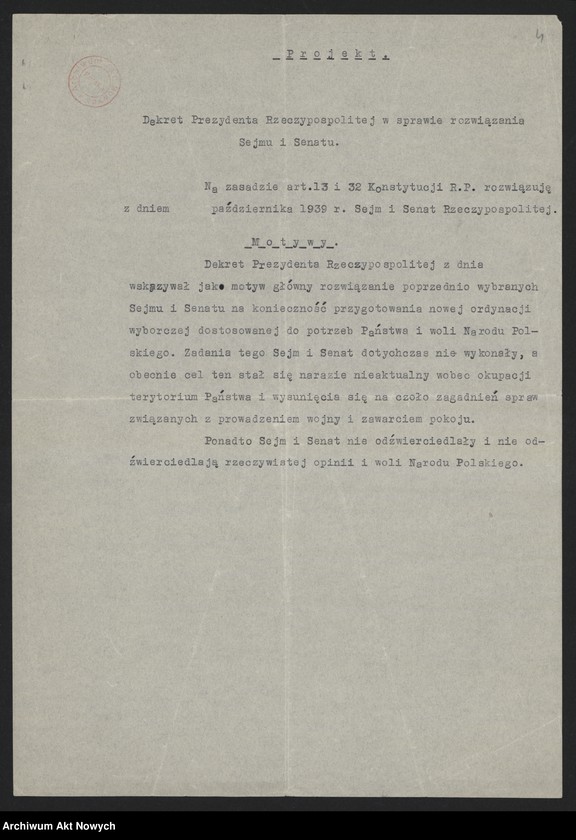 image.from.unit.number ""Memorandum w sprawie przepisów prawnych, dotyczy władz państwowych poza terytorium Państwa". "Dekret Prezydenta Rzeczpospolitej (na emigracji) w sprawie rozwiązania Sejmu i Senatu""