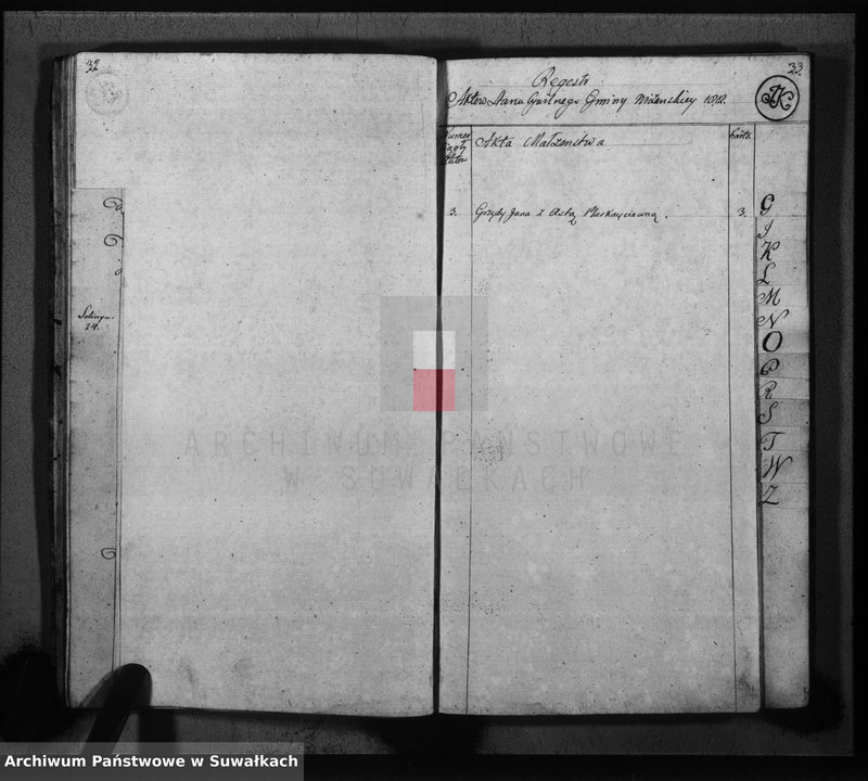 image.from.unit.number "Księga do zapisywania aktów cywilnych małżeństwa gminy wiżajńskiey, departamentu łomżyńskiego, powiatu kalwaryjskiego"