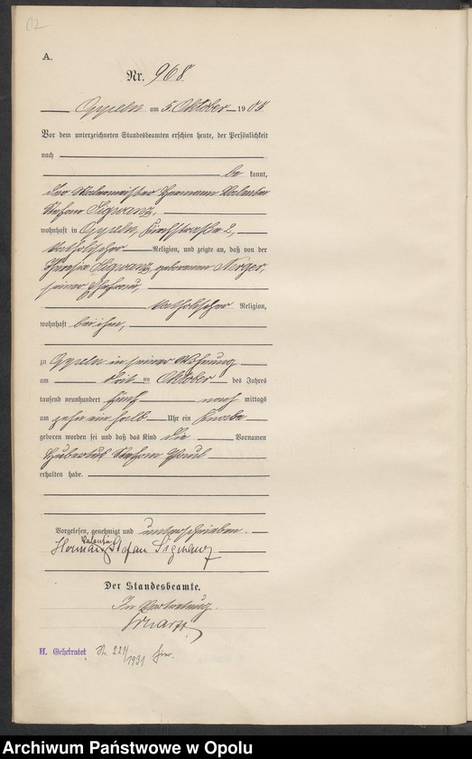 Obraz 16 z jednostki "Urząd Stanu Cywilnego w Opolu 1905 Rejestr Urodzeń miejscowa Nr 958 do 1287"