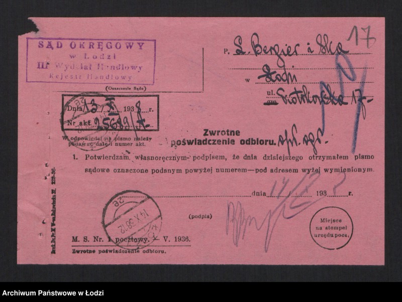 Obraz 19 z jednostki "Lejzor Bergier, Beniamin Berger- sprzedaż komisowa przędzy"