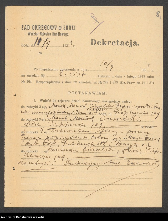 Obraz 10 z jednostki "Moszek Mendel Ciesielski - kupno i sprzedaż towarów manufakturowych"