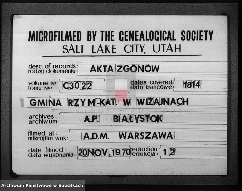 image.from.unit.number "Księga do zapisywania aktów cywilnych zejścia gminy wiżayńskiey, departamentu łomżyńskiego, powiatu kalwaryjskiego na rok 1814"