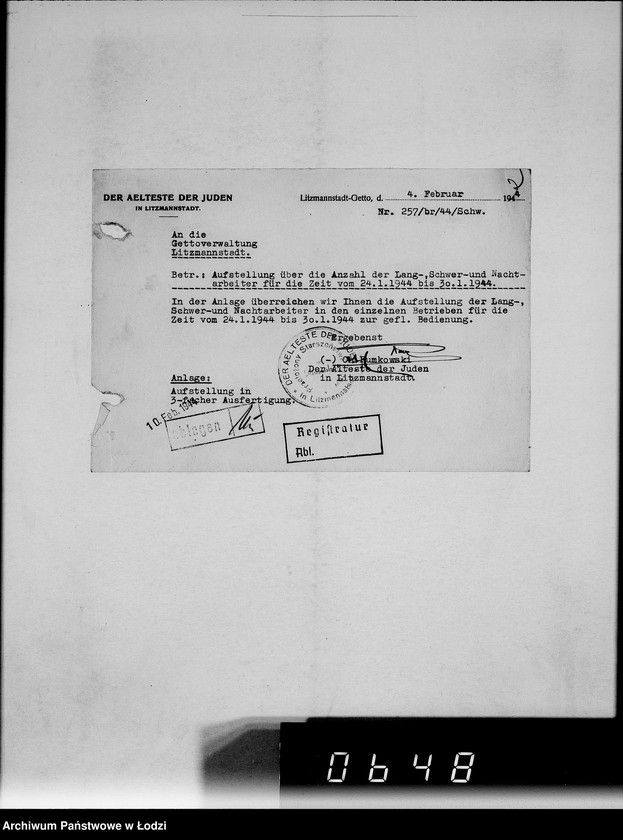 Obraz 6 z jednostki "Statistik [zatrudnienie i produkcja w Getcie według resortów i wydziałów, wykazy dostaw artykułów żywnościowych]"