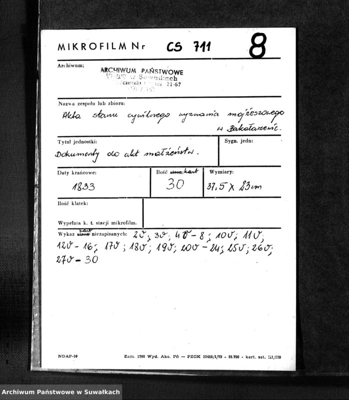 image.from.unit.number "Dowody do Akt Zaślubionych Wyznania Mojżeszowego Okręgu Bakałarzewo pro 1833"