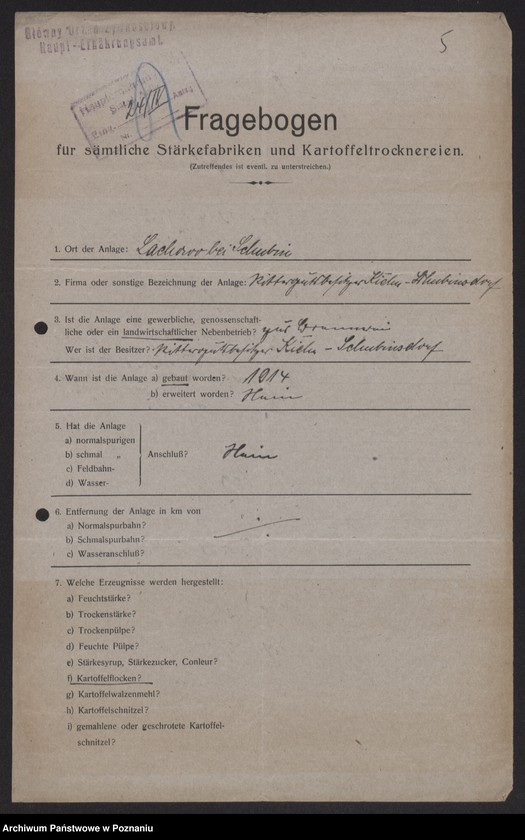 Obraz 7 z jednostki "[Kwestionariusze statystyczne dotyczące suszarni i krochmalni ziemniaków]"