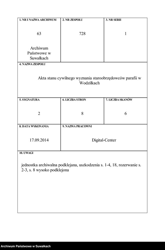 image.from.team "Akta stanu cywilnego wyznania staroobrzędowców parafii w Wodziłkach"