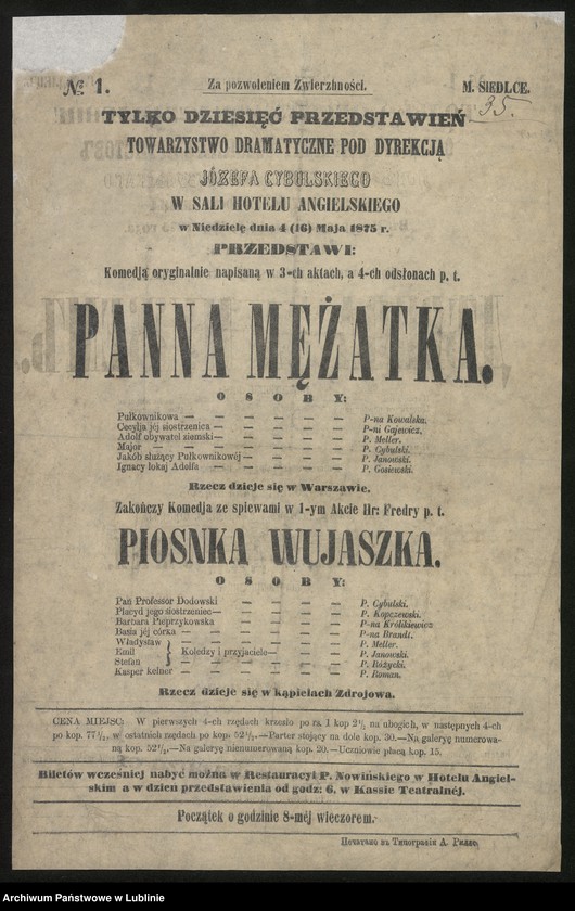 Obraz 10 z kolekcji "Zapraszamy na nadzwyczajne widowisko... XIX-wieczne afisze teatralne111"