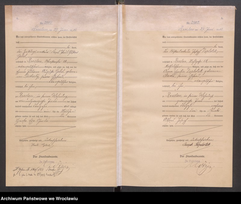 image.from.unit.number "Geburts Neben Register Standesamt Breslau III 1913 Band 7"
