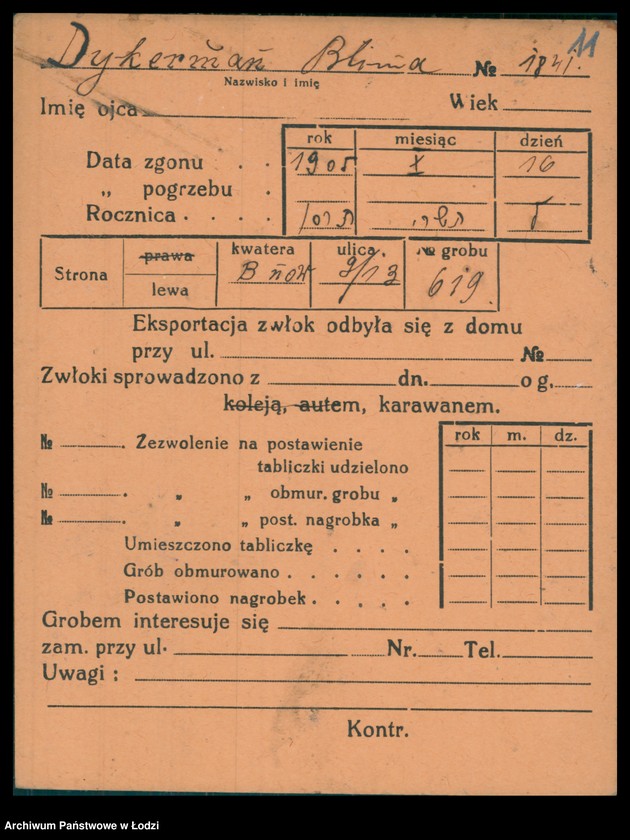 Obraz 12 z jednostki "Kartoteka osób pochowanych na cmentarzu żydowskim przy ulicy Brackiej w latach 1892-1953. Nazwiska na litery: Dy-Dz"
