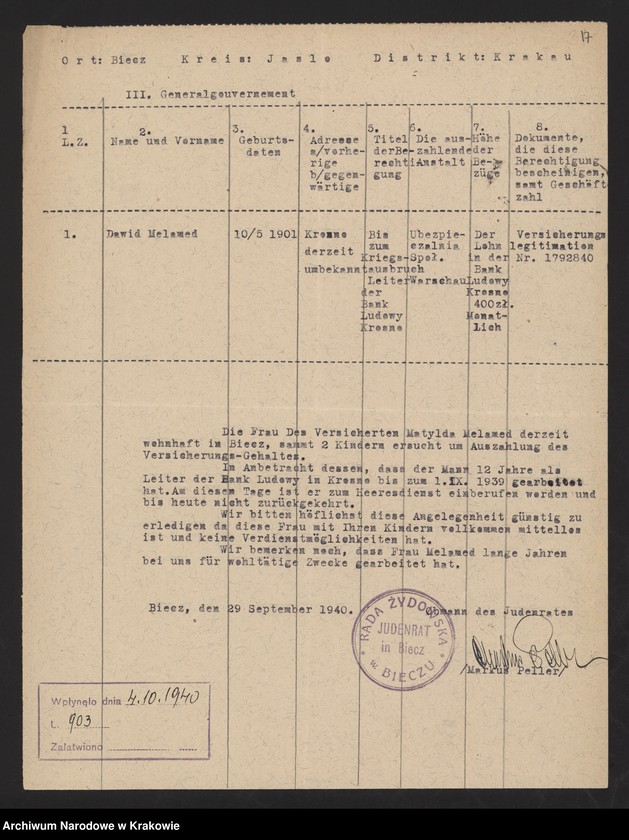 image.from.unit.number "Kwestionariusze Żydów z miejscowości: Baligród /30 IX 1940/, Baranów Sandomierski, Bieżanów, Biecz /25 i 29 IX 1940/, Błażowa, Bobowa /23 IX 1940/, Bochnia /15 XI 1940/, Boratyń /12 X 1940/, Borek Fałęcki /7 XI 1940/, Brzesko, Brzostek, Czudec."