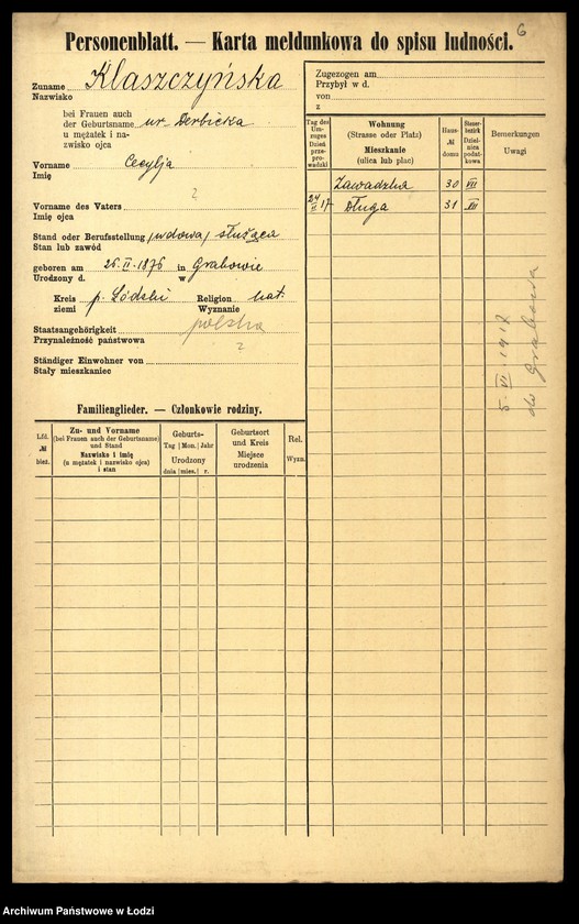 Obraz 8 z jednostki "[Spis ludności Łodzi] Klarowski - Klekotek"