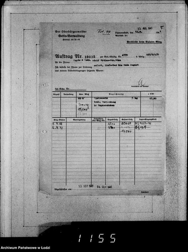 Obraz 9 z jednostki "Erledigte Aufträge von 10000-10999 [Zrealizowane zamówienia na produkty żywnościowe, oleje i inne towary dla Getta]"