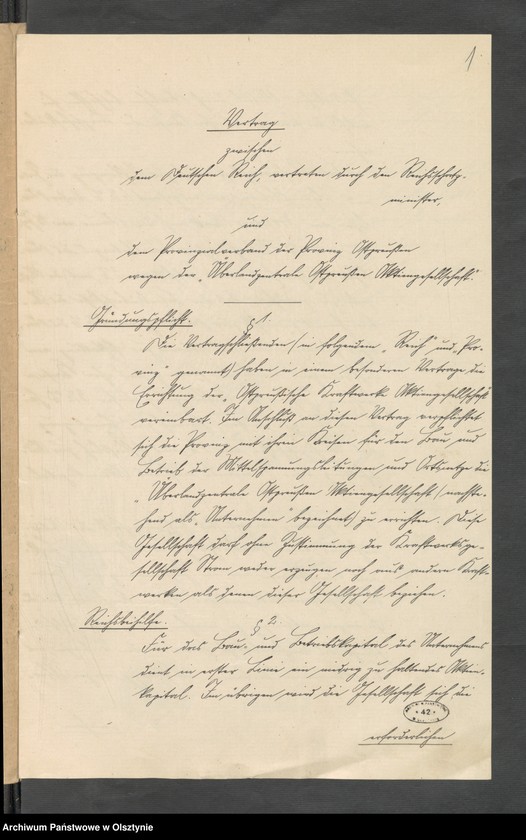 image.from.unit.number "Vertrag zwichen dem Deutschen Reich, vertreten durch den Reichsschatzminister und dem Provialverband der Provinz Ostpreussen wegen der "Überlandezentrale Ospreußen Aktiengeselschaft""