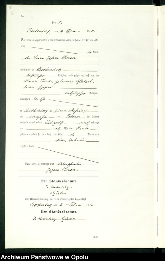 Obraz 13 z jednostki "Geburts-Register (Neben-Register) Standesamt Borkendorf 1912 No. 1 bis 73."