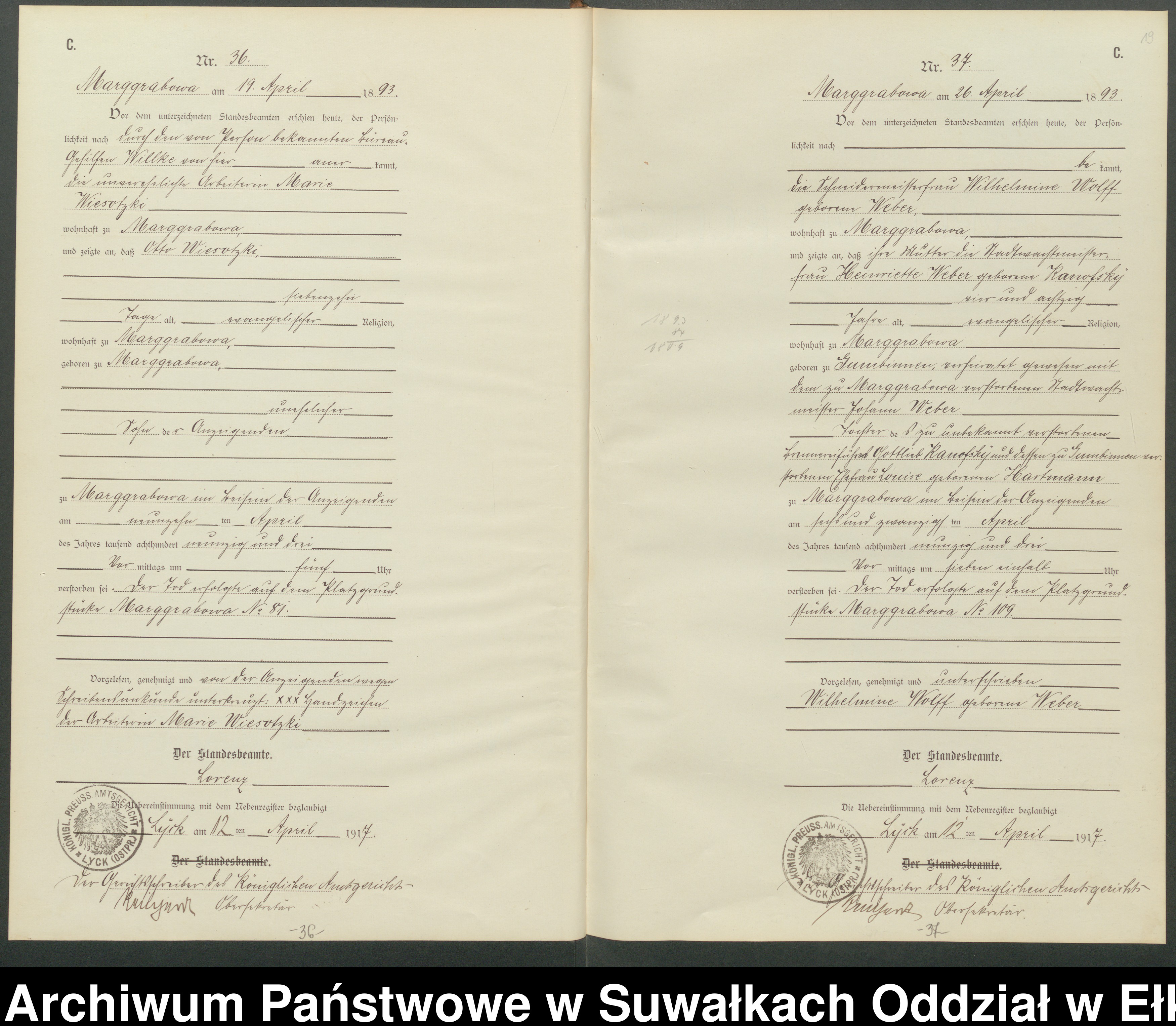 Skan z jednostki: C1.Sterbe-Register [Haupt-Register] Standesamt Stadtgemeinde Marggrabowa Kreis Oletzko No.1 bis.116