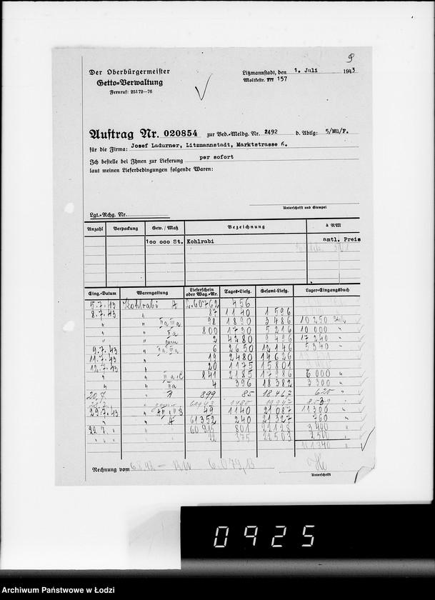 Obraz 13 z jednostki "Lebensmitteleinkauf, Aufträge, Lieferscheinen und Rechnungen 20832-20856 [Dostawa warzyw do Getta]"