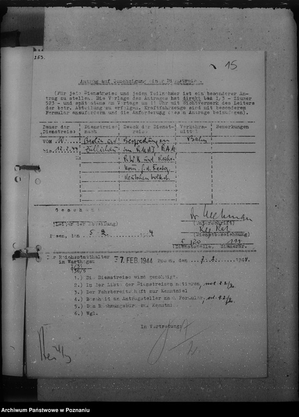 Obraz 19 z jednostki "Genehmigungen der Dienstreisen / Archivgut - Bytyn, Ceradz, Tarnowo, Starpel / i inne wyjazdy służbowe"