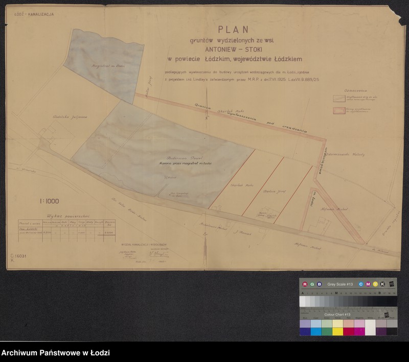 Obraz 1 z jednostki "Plan gruntów wydzielonych ze wsi Antoniew-Stoki ... podlegających wywłaszczeniu do budowy urządzeń wodociągowych dla miasta Łodzi zgodnie z projektem inżyniera Lindley