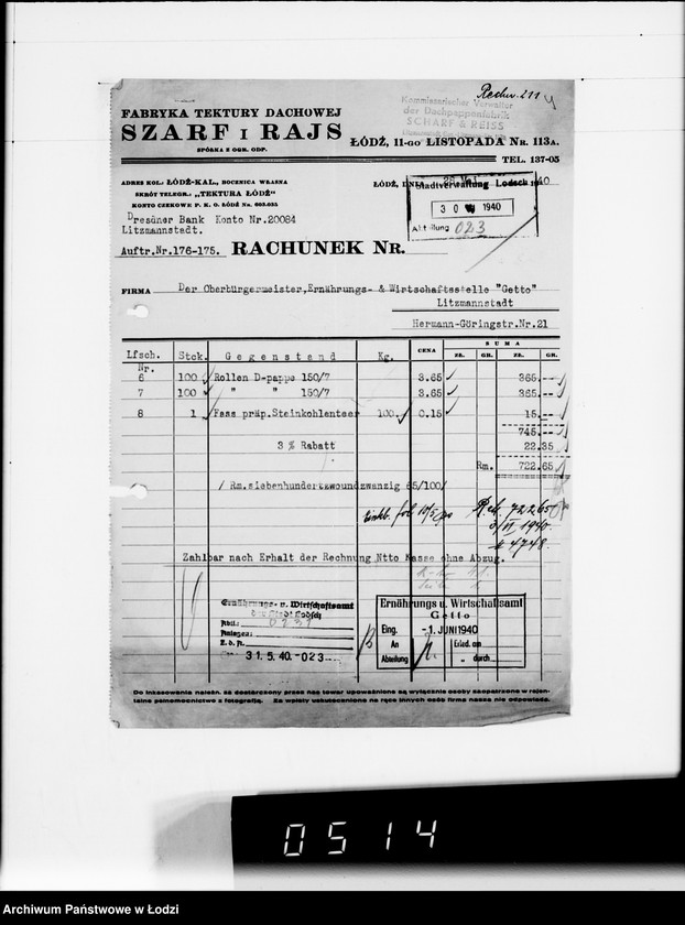 Obraz 8 z jednostki "Diverse Sch-Z [rachunki za dostawy towarów spoza Getta]"