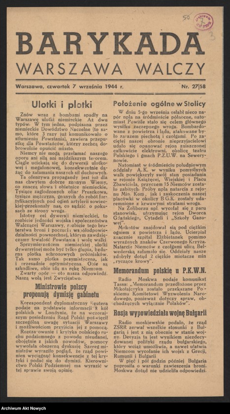 Obraz 10 z kolekcji "Powstanie warszawskie w prasie konspiracyjnej"