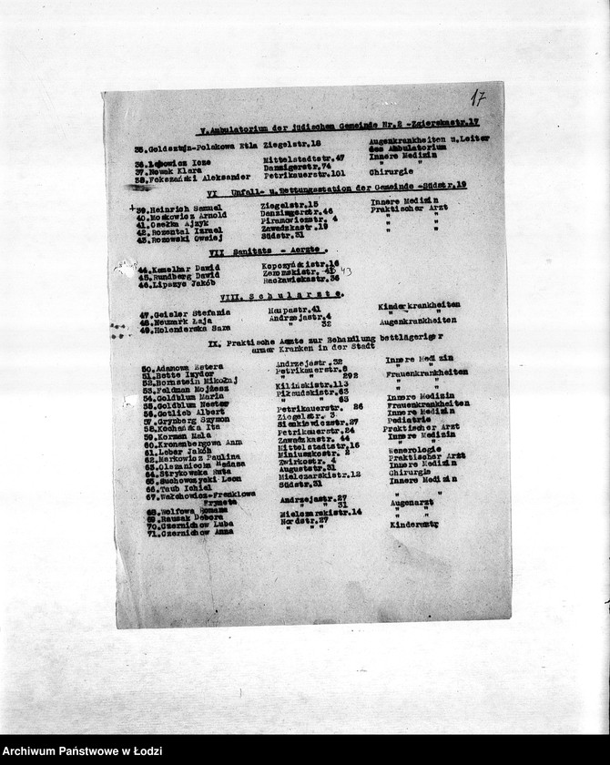 Obraz 20 z jednostki "Zdrowotność [M.in. zarządzenia dotyczące zdrowia ludności, zakładanie szpitali i ambulatoriów, walka z chorobami zakaźnymi, higiena getta, lekarze, inspektorzy sanitarni]"