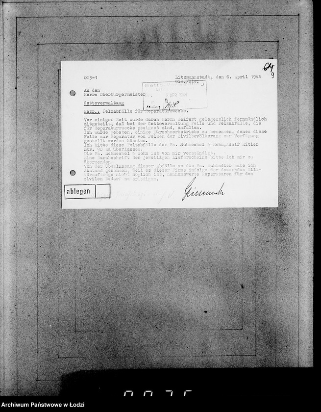 Obraz 13 z jednostki "Oberbürgermeister Litzmannstadt [Korespondencja i zamówienia na dostawę futer i materiałów]"