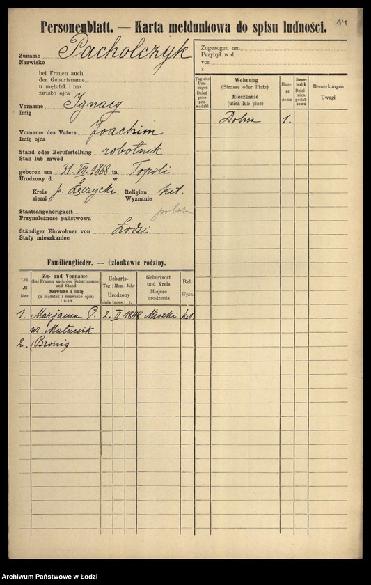 Obraz 16 z jednostki "[Spis ludności Łodzi] Pacholczyk-Pająkowski"