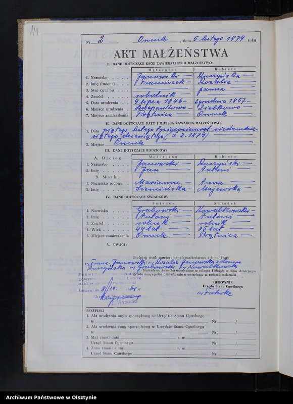 Obraz 16 z jednostki "Księga małżeństw Nr 1 - 12,1 - 9,1 - 15,1 - 12,1 - 17 i 1 - 15 /brak lat 1880 - 1882/ /przepisana w języku polskim z oryginału niemieckiego w dniach 8.10.-11.10.1961/"