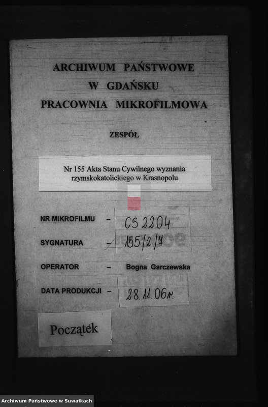 Obraz 1 z jednostki "[Wypisy do akt małżeństw parafii Krasnopol]."