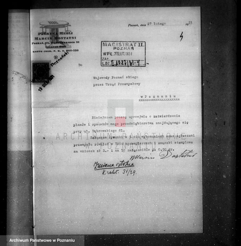 image.from.unit.number "Zatwierdzenie projektu zakładu przemysłowego /fabryki mebli/ nr 432 własność M. Dostatniego w Poznaniu"