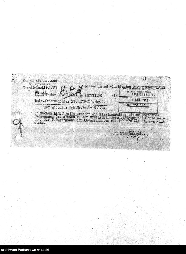 Obraz 10 z jednostki "[Korespondencja wychodząca i przychodząca z wydziałami getta, z niemieckimi urzędami i innymi gettami żydowskimi. Sprawy personalne, meldunkowe mieszkańców getta. Sprawy wewnętrzne Wydziałów Ewidencji]"