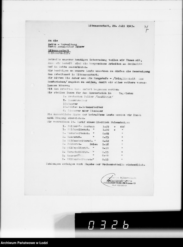 Obraz 11 z jednostki "Fa.Kliemisch.Werkhalle & Baluter-Schlahthof [rachunki za dostawy towarów dla Getta]"