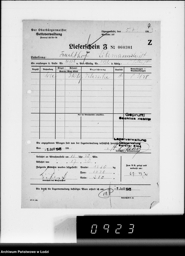 Obraz 11 z jednostki "Lebensmitteleinkauf, Aufträge, Lieferscheinen und Rechnungen 20832-20856 [Dostawa warzyw do Getta]"