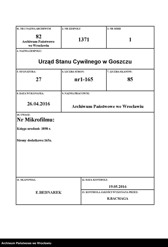 Obraz 1 z jednostki "księga urodzeń Urzędu Stanu Cywilnego w Goszczu (Goschütz) 1898"