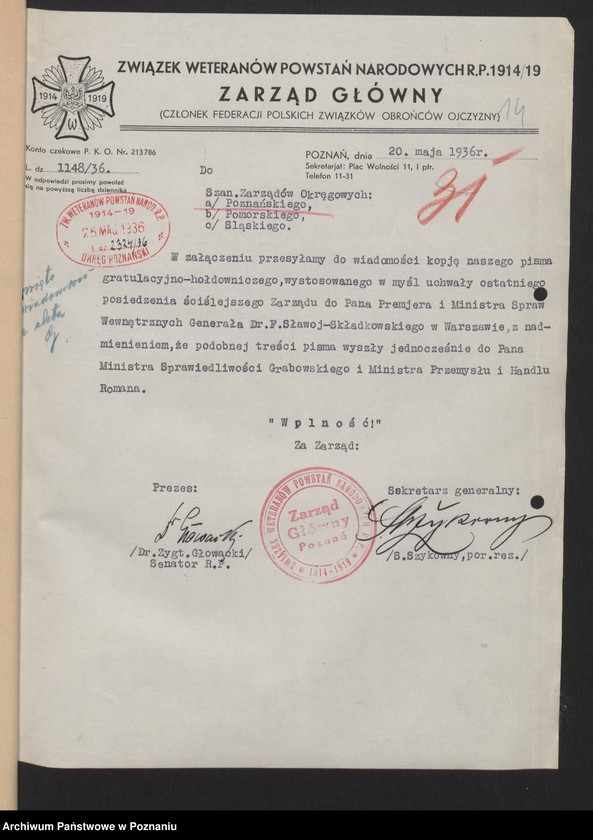 Obraz 18 z jednostki "Korespondencja Okręgu Poznańskiego Związku Weteranów Powstań Narodowych Rzeczypospolitej Polski i Związku Powstańców Wielkopolskich z Zarządem Głównym."