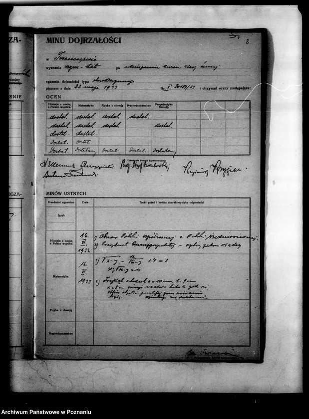 Obraz 11 z jednostki "Protokoły egzaminu dojrzałości Państwowego Gimnazjum Klasycznego- Trzemeszno"