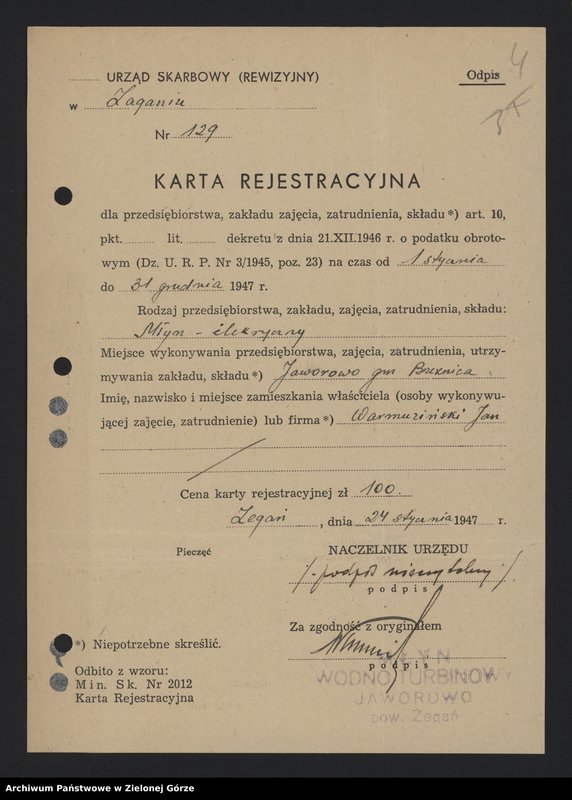 Obraz 6 z jednostki "Nłyn w Dolanowie - karta rzemieślnicza, karta rejestracyjna , opis techniczny, zawiadomienie o prowadzeniu działalności"