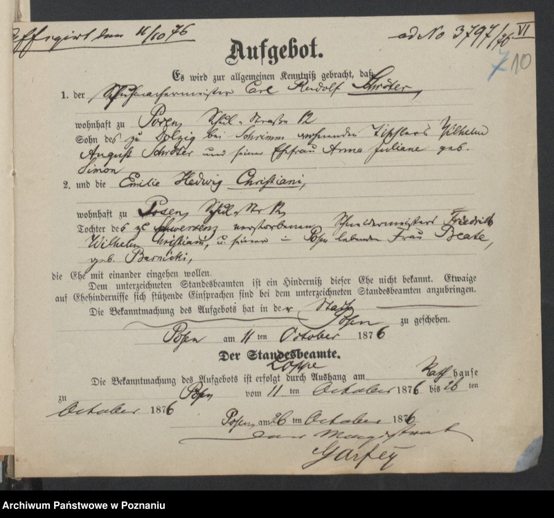 Obraz 12 z jednostki "Die von den Verlobten beigebrachten Urkunden zur Eheschliessung pro 1876"