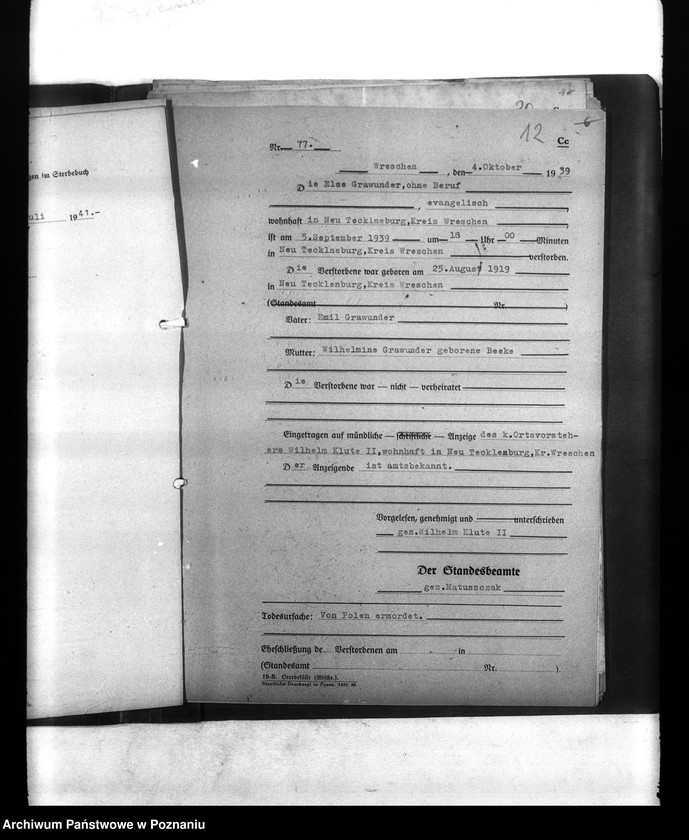 Obraz 16 z jednostki "Wykazy miejscowych Niemców, którzy zginęli w 1939 roku. Kreis Wreschen (Wrzesień)"