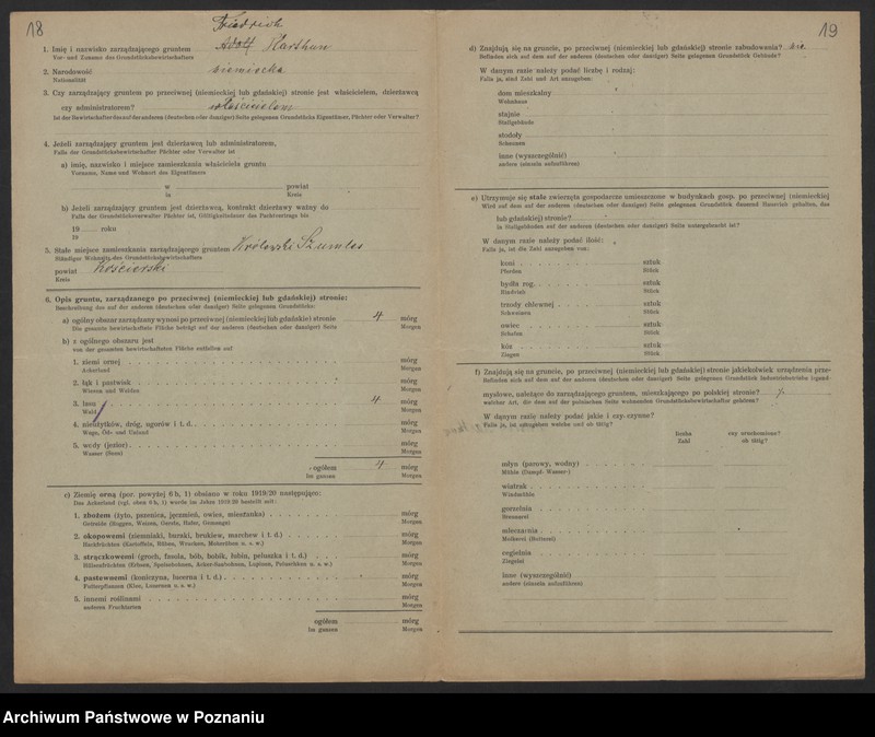Obraz 16 z jednostki "[Kwestionariusze dotyczące stwierdzenia gruntów znajdujących się po niemieckiej stronie pogranicza a zarządzanych przez zamieszkałych po stronie polskiej] powiat kościański"