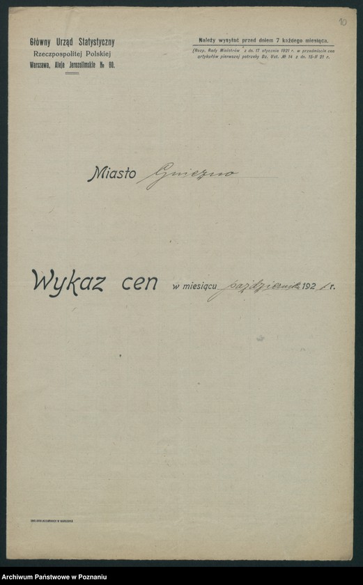 Obraz 10 z jednostki "[Wykazy cen rynkowych artykułów spożywczych w poszczególnych miastach Województwa Poznańskiego za miesiąc październik 1921 roku]"