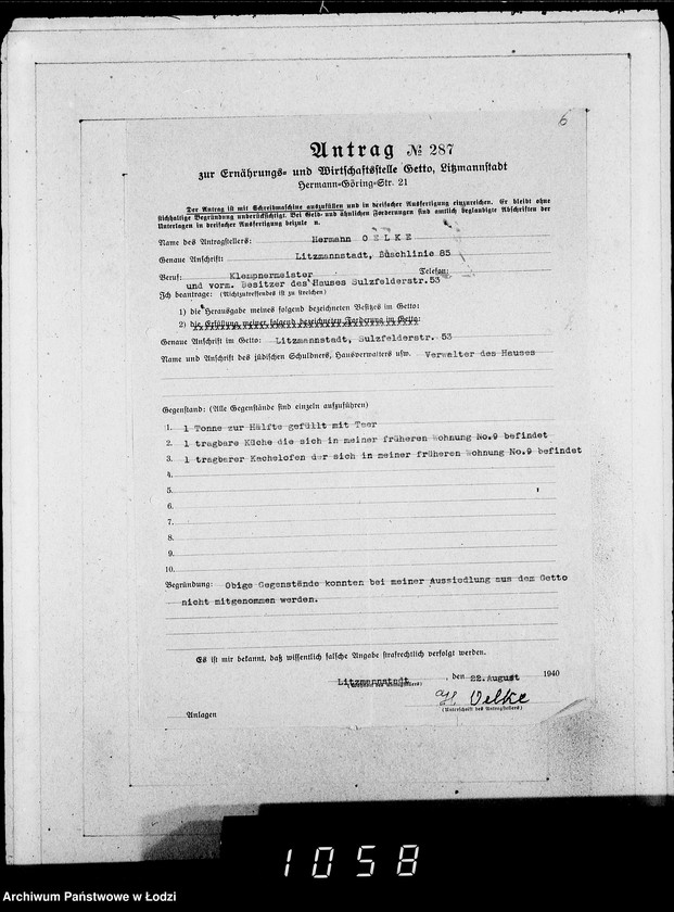 Obraz 10 z jednostki "286-320 [Wnioski ludności nieżydowskiej wysiedlonej z Getta o zwrot rzeczy pozostawionych w dawnym miejscu zamieszkania]"