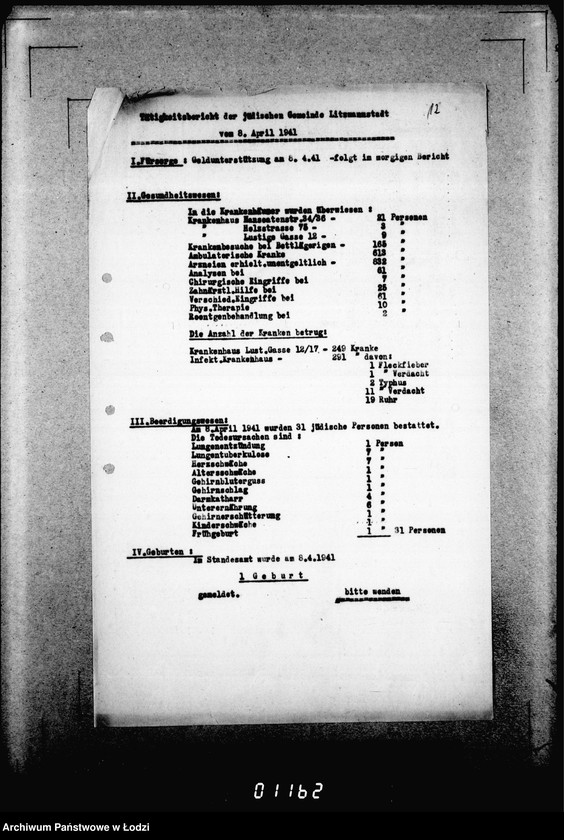 Obraz 16 z jednostki "[Dzienne, tygodniowe i miesięczne sprawozdania Gminy Żydowskiej w Getcie Łódzkim]"