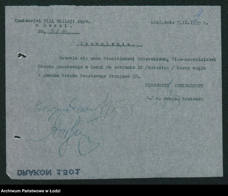 Obraz 4 z jednostki "[Akta VIII Komisariatu Milicji Obywatelskiej - różne zaświadczenia, wezwania, pokwitowania i przepustki]"