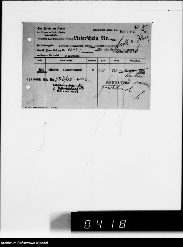 Obraz 14 z jednostki "Firma Otto Sabbert Litzmannstadt IV Warenverwertung an den Juden-Ältesten. Kinderhüte, Mützen"