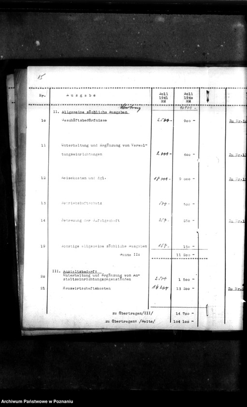 Obraz 20 z jednostki "Unterhaushaltplan - 4301. Gaugehörlosenschule, Posen. [Plany finasowe, budżety, sprawy finansowo-gospodarcze Szkoły]."