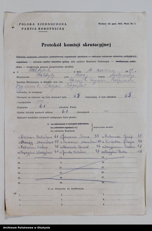 Obraz z jednostki "Protokoły zebrań wyborczych /1951/, posiedzeń plenarnych, narad aktywu partyjnego, plany pracy, sprawozdania, ankiety sprawozdawcze /1949-1954/ Komitetu Gminnego PZPR"