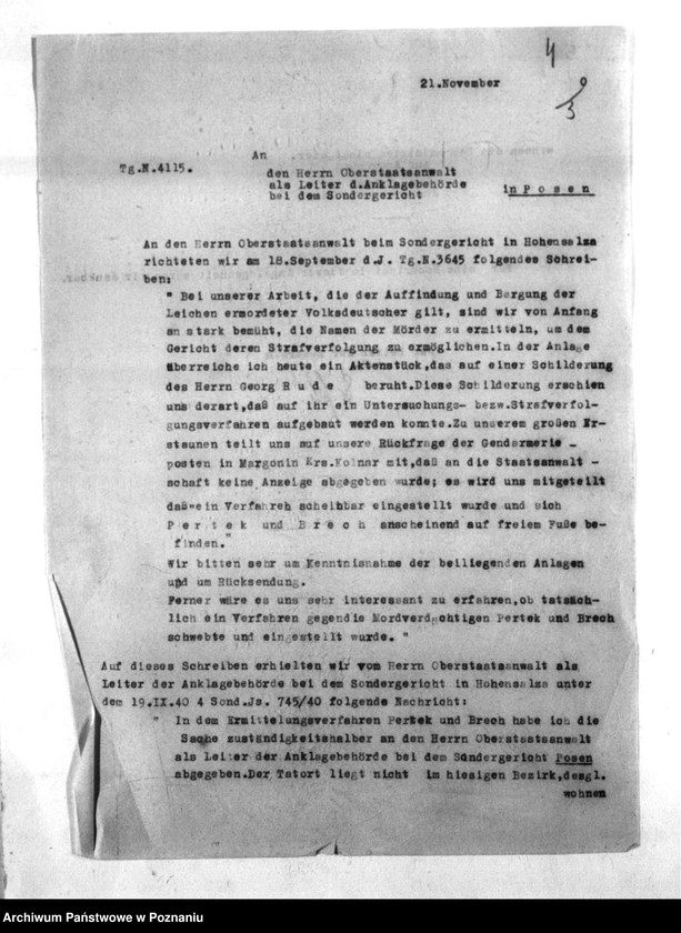 Obraz 8 z jednostki "Korespondencja w sprawie wytoczenia procesów sądowych Polakom, podejrzanym o zabójstwo miejscowych Niemców w 1939roku"