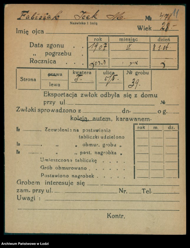 Obraz 12 z jednostki "Kartoteka osób pochowanych na cmentarzu żydowskim przy ulicy Brackiej w latach 1892-1958. Nazwiska na litery: Fa-Fä"